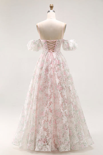 Cold Shoulder Blush Flower Printed A Line Long Prom Dress